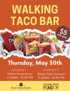 Walking Taco Bar Fundraiser for VMP Foundation this Foundation Fun Day May 30th from 11:30-12:30. Location will be the Palmer House Atrium.